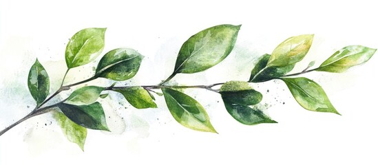 Naklejka premium Green leaves on a branch with watercolor illustration
