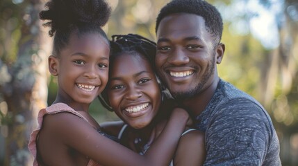 Fototapeta premium A man hugs two young girls, showing affection and care