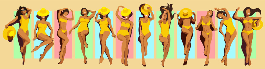Vector illustration different beautiful young slim tanned girls models in yellow swimsuits sunbathing on the beach on colorful mats or towels. Elements isolated. Top view. Summer holidays.