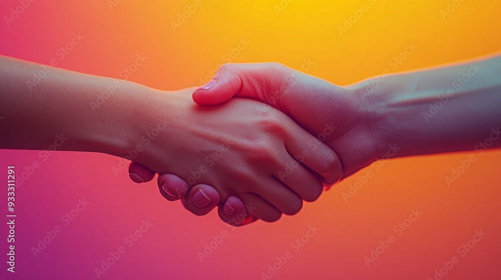 Aufkleber two hands clasp in a handshake, embodying partnership and mutual understanding against a colorful gr