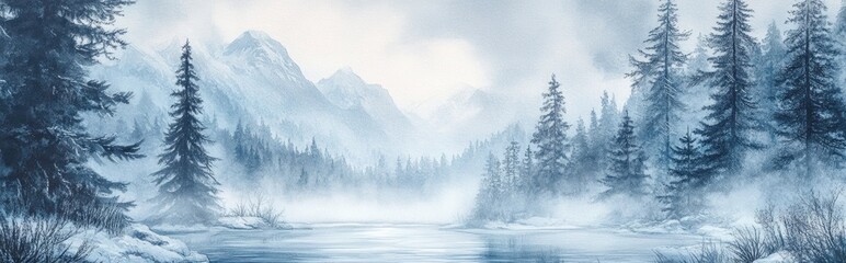 Obraz premium Misty winter forest scene with a river and mountains Watercolor illustration in an Eastern art style