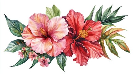 Obraz premium Large soft pink flower alongside vibrant red tropical bloom with foliage romantic bouquet isolated hand painted watercolor illustration on a white backdrop