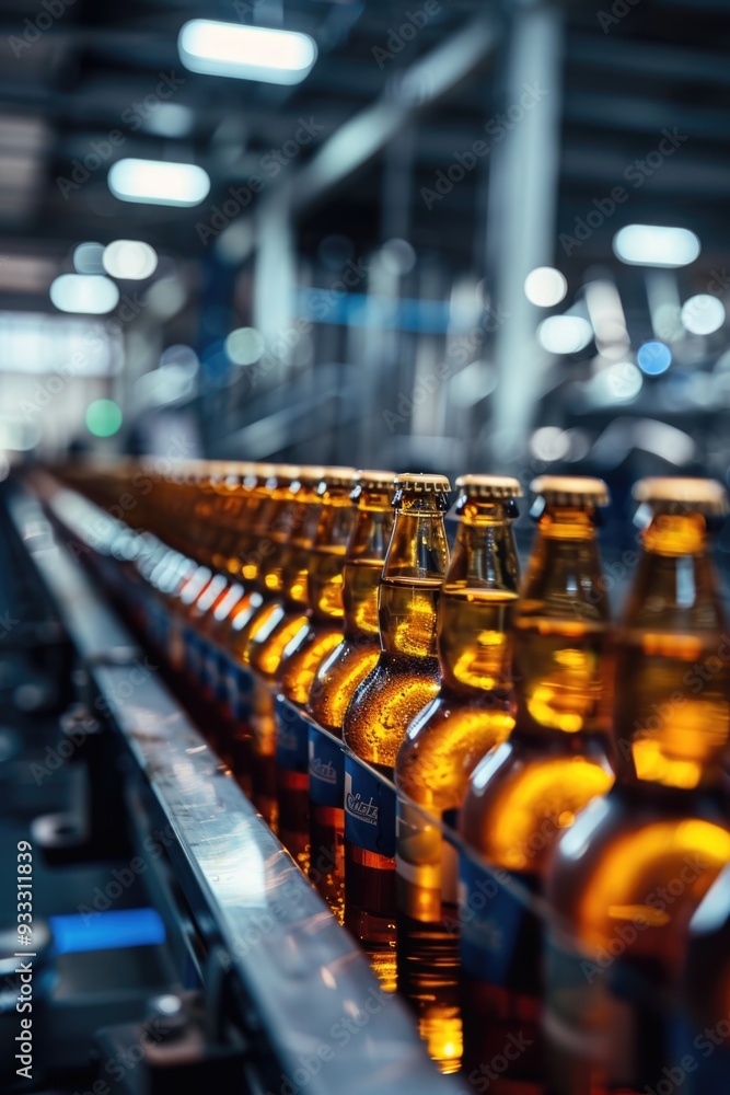 Poster a row of beer bottles being transported on a conveyor belt, ready for packaging and distribution