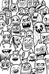 Hand-drawn illustrations, monsters doodle, Hand Drawn cartoon monster illustration,Cartoon crowd doodle hand-drawn Doodle style.black and white stripes coloring  book.