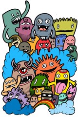 Hand-drawn illustrations, monsters doodle, Hand Drawn cartoon monster illustration,Cartoon crowd doodle hand-drawn Doodle style.