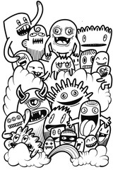 Hand-drawn illustrations, monsters doodle, Hand Drawn cartoon monster illustration,Cartoon crowd doodle hand-drawn Doodle style.black and white stripes coloring  book.