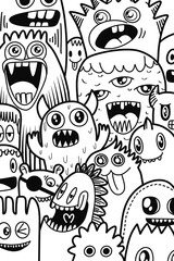 Hand-drawn illustrations, monsters doodle, Hand Drawn cartoon monster illustration,Cartoon crowd doodle hand-drawn Doodle style.black and white stripes coloring  book.
