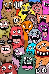 Hand-drawn illustrations, monsters doodle, Hand Drawn cartoon monster illustration,Cartoon crowd doodle hand-drawn Doodle style.