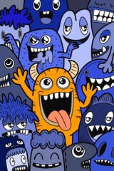 Hand-drawn illustrations, monsters doodle, Hand Drawn cartoon monster illustration,Cartoon crowd doodle hand-drawn Doodle style.