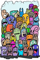Hand-drawn illustrations, monsters doodle, Hand Drawn cartoon monster illustration,Cartoon crowd doodle hand-drawn Doodle style.