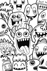 Hand-drawn illustrations, monsters doodle, Hand Drawn cartoon monster illustration,Cartoon crowd doodle hand-drawn Doodle style.black and white stripes coloring  book.