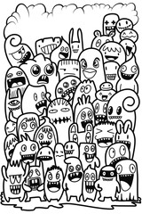 Hand-drawn illustrations, monsters doodle, Hand Drawn cartoon monster illustration,Cartoon crowd doodle hand-drawn Doodle style.black and white stripes coloring  book.