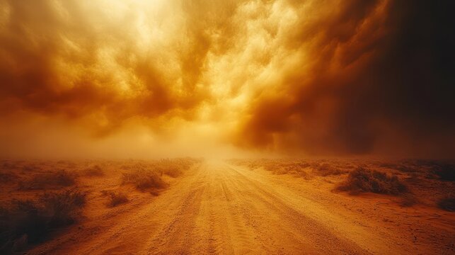 dramatic sandstorm with swirling clouds of sand and dust particles backlit by intense sunlight creating an atmospheric haze