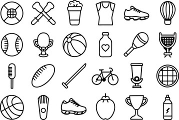 Sports related items such as Soccer ball, basketball, tennis racket, baseball, football, golf & many more editable stroke outline icons isolated on white background flat vector illustrati