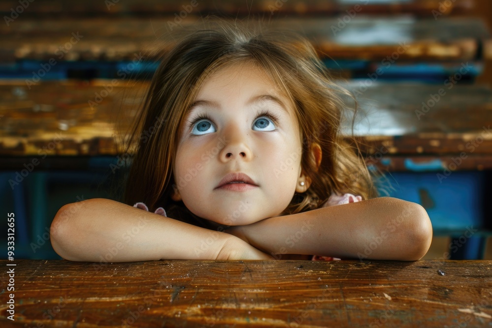 Poster a young child sits at a wooden table with a calm and focused expression