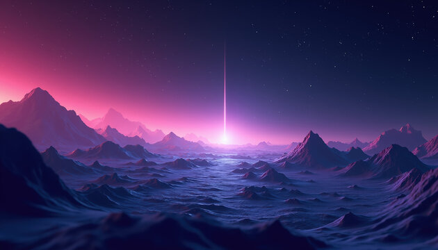Futuristic Alien Mountain Landscape with Glowing Celestial Beam and Synthwave Aesthetic
