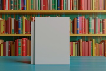 white book is sitting on a table in front of a library full of books