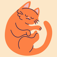 A cute red cat is sleeping. Illustration in flat cartoon style. For print, logo, children's clothing design, postcard