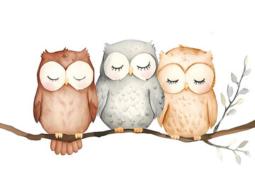 Fototapeta premium Watercolor illustration of three adorable owls sitting on branches, accompanied by some greenery. The cute owls have closed eyes, a transparent background.