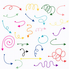 Set of colored doodle arrows and lines. Straight or curly line . Different shapes. Show something.
