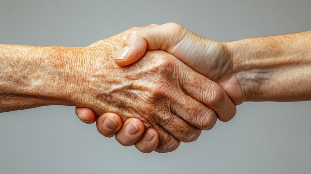 A close-up of two hands shaking, representing connection and mutual understanding between different generations.