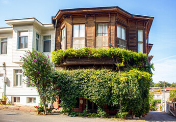 roadside historical island houses between trees, flowers, prince islands, adalar, istanbul