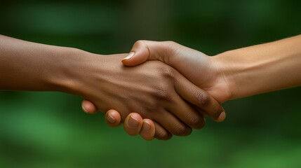 A handshake signifies agreement and connection between two individuals in a natural outdoor setting.