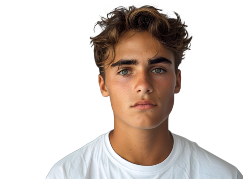 [Transparent Background PNG]Portrait of Young Man with Curly Hair and Green Eyes Looking at Camera