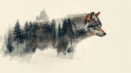 Obraz premium Wolf in a Forest: A Double Exposure Art
