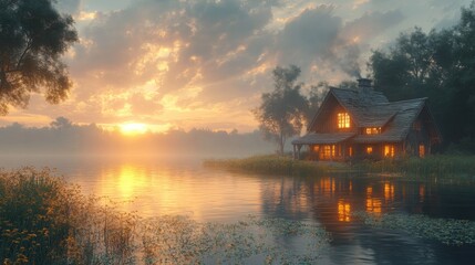 Fototapeta premium Serene lakeside cabin at sunset surrounded by nature.