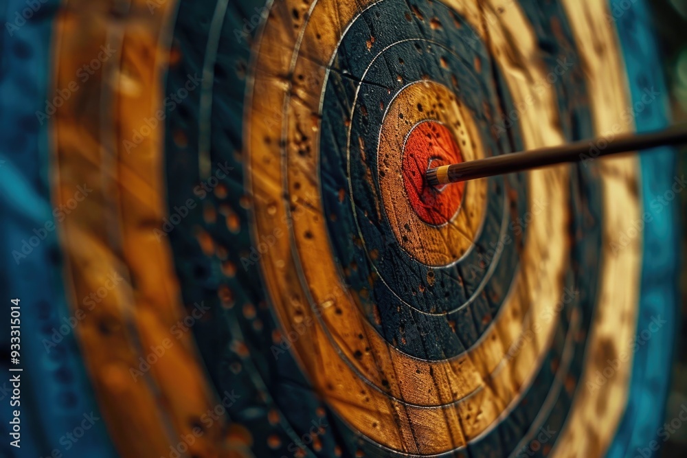 Poster a close-up shot of a wooden target with an arrow stuck into it, suitable for outdoor and adventure-t