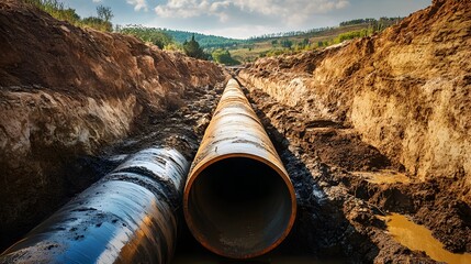 A large yellow excavator is digging a trench for a pipeline. The sun is shining brightly, casting a warm glow on the scene. Concept of hard work and progress