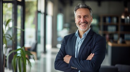 Mature businessman with arms crossed, smiling confidently in a contemporary office, captured in realistic photo quality.