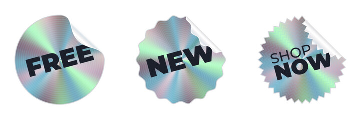 Holographic glued stickers with text. Round metallic label. Vector mesh shapes