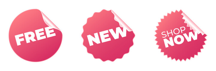 Pink glued stickers with text. Round paper labels. 