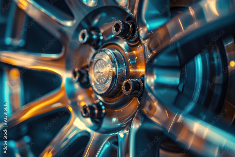 Poster a detailed image of a shiny wheel, suitable for use in automotive or technology contexts