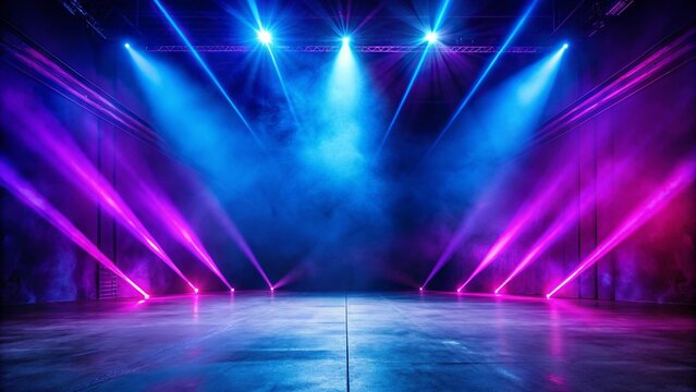 A stage illuminated with vibrant purple and blue lights, creating a dynamic and energetic atmosphere for the performance