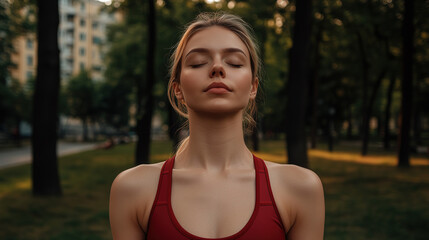 Beautiful young woman in athletic gear embracing the summer sun while standing in a park, eyes closed and face raised to the sky. Detailed 4K close-up of her joyful expression during outdoor yoga or r