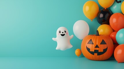 Spooky Halloween Fun with Cartoon Pumpkin and Ghost Playing Among Colorful Balloons, Copy Space for Text in Ultra HD Quality