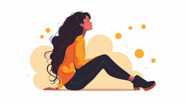 A woman with long hair sits gracefully on the ground, wearing an orange sweater and black pants, surrounded by floating yellow circles