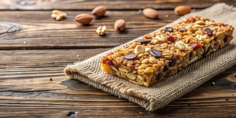 Fototapeta premium Granola bar displayed on a rustic wooden background, granola bar, snack, healthy, breakfast, oats, nuts, seeds, food
