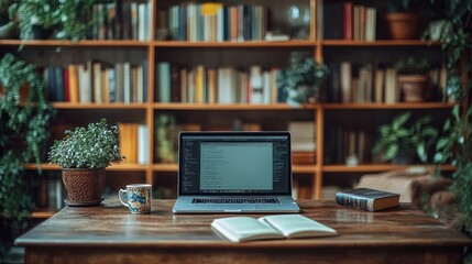 Naklejka premium Laptop on a desk in front of a bookshelf