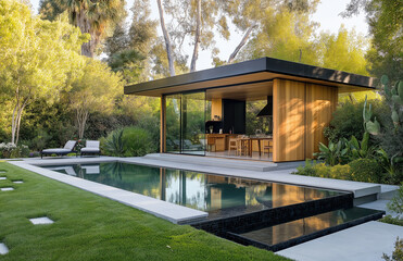 Obraz premium Transforming the Back Yard Into a Private Sanctuary, Where Architectural Innovation Meets the Tranquility of Nature, Providing a Space That Invites Both Relaxation and Inspiration
