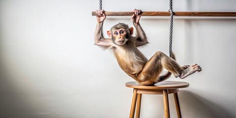 Playful monkey at the bar swinging on a stool and hanging from the ceiling , mischief, fun, bar, drinking, alcohol