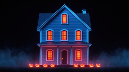 Spooky Cartoon Haunted House with Glowing Pumpkins in Foggy Atmosphere - Halloween Background with Copy Space