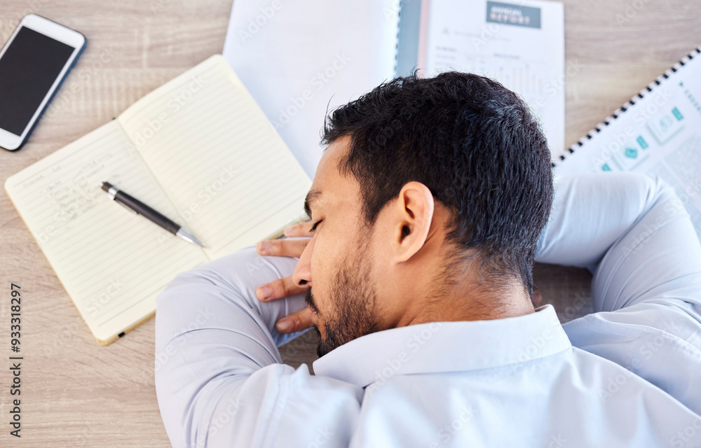 Aufkleber top view, tired and sleeping businessman at desk with insomnia, burnout and exhausted with work sche