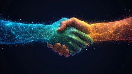 Fototapeta premium A glowing blue hand shakes a glowing orange hand, representing connection and partnership in a vibrant digital landscape.
