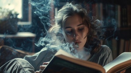 A woman sits and reads a book while smoking a cigarette
