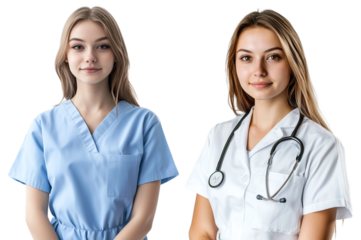 Portrait of two young female doctors, isolated on transparent background.