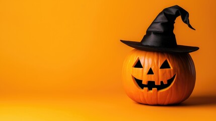 orange halloween jack o lantern carved pumpkin wearing witches hat on orange background